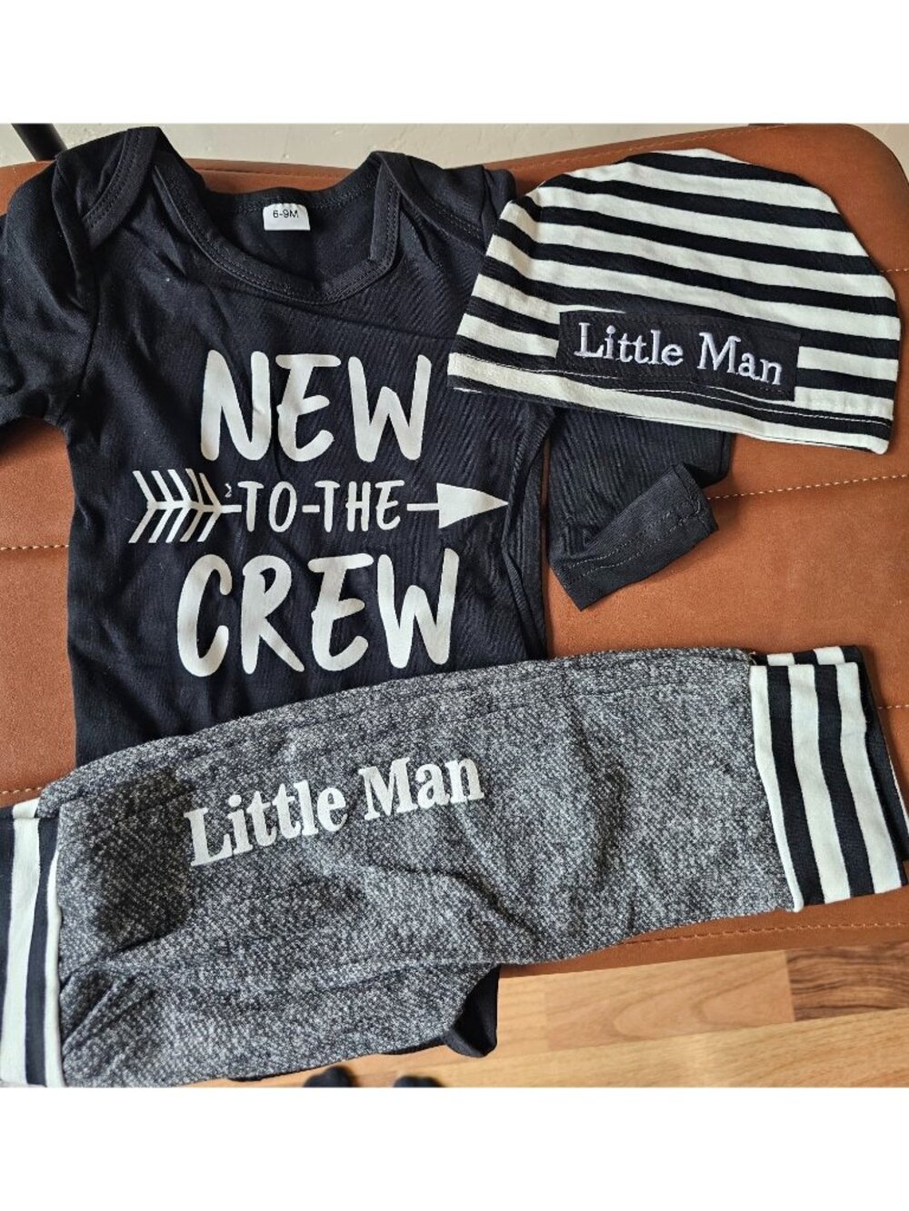 Newborn Outfit New To The Crew 3-Piece Long-Sleeve Bodysuit Striped Beanie & Pan